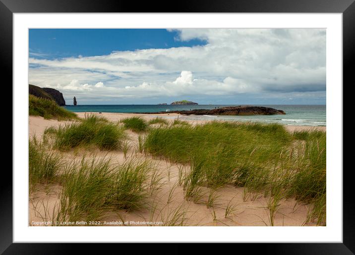 Sandwood Bay, Sutherland, Scotland looking from the sand dunes over the beach to the sea stack beyond Framed Mounted Print by Louise Bellin