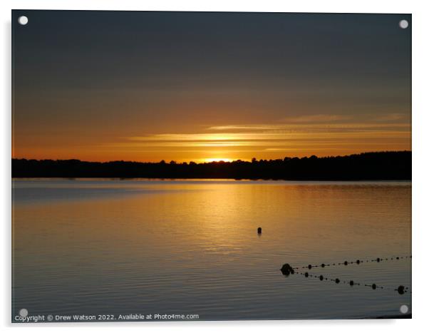 Lac de Pareloup at sunset. Acrylic by Drew Watson