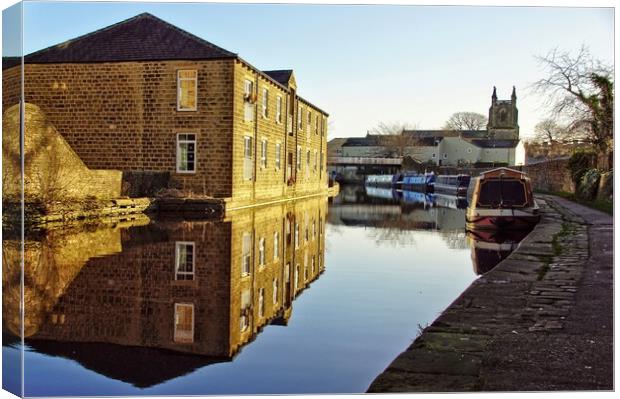 Skipton canal towpath reflections. Canvas Print by David Birchall