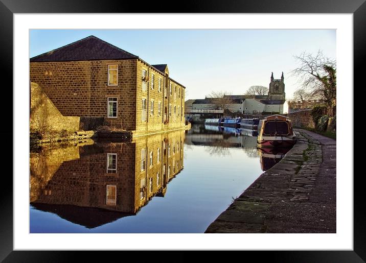 Skipton canal towpath reflections. Framed Mounted Print by David Birchall