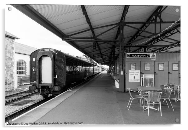 Minehead station, Somerset, UK with a  stationary train  Acrylic by Joy Walker