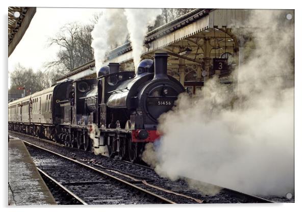 Steam locomotives 51456 and 52322 at Bury. Acrylic by David Birchall