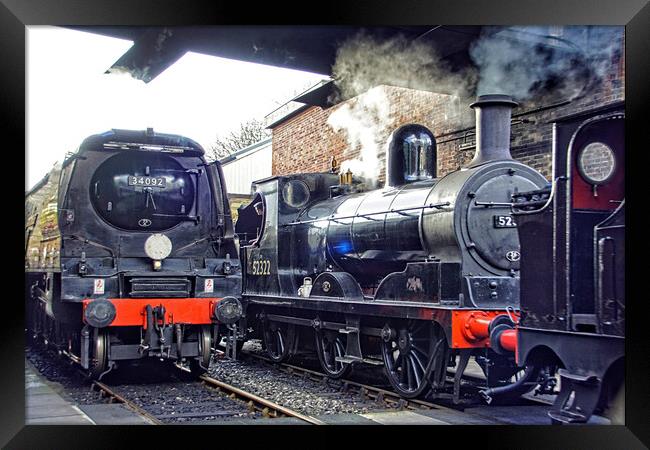 Steam locomotives 34092 and 52322 at Bury. Framed Print by David Birchall