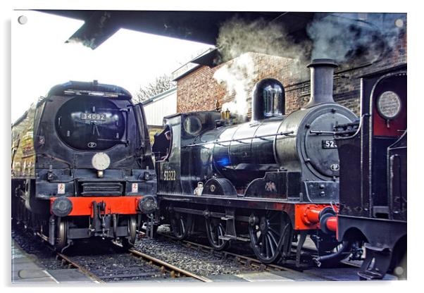 Steam locomotives 34092 and 52322 at Bury. Acrylic by David Birchall