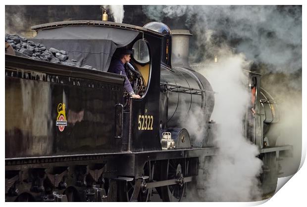 Steam locomotives 52322 and 51456 departing. Print by David Birchall