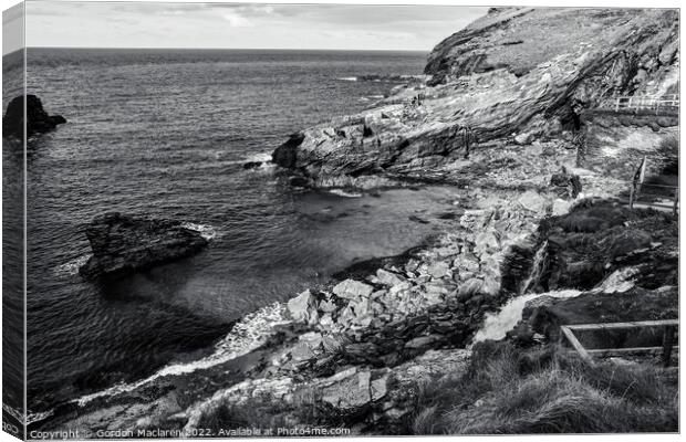 Rocky bay, Tintagel, Cornwall in black and white Canvas Print by Gordon Maclaren
