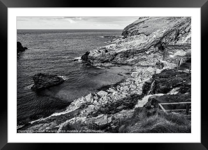 Rocky bay, Tintagel, Cornwall in black and white Framed Mounted Print by Gordon Maclaren