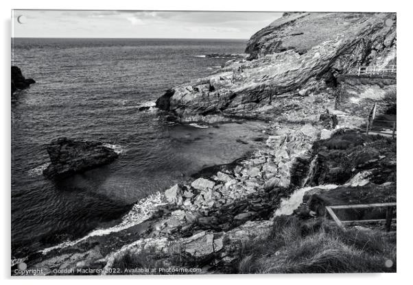 Rocky bay, Tintagel, Cornwall in black and white Acrylic by Gordon Maclaren