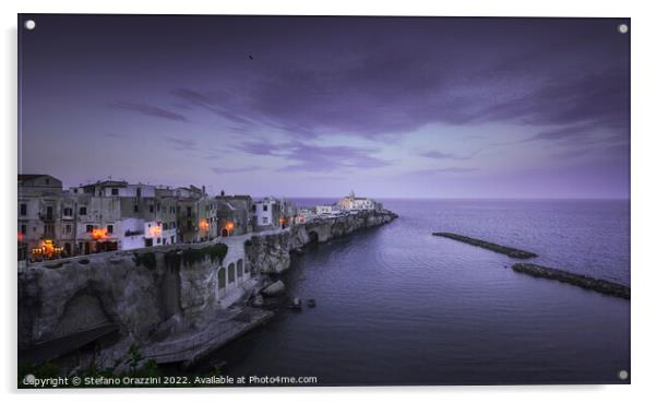 Vieste town on the rocks, Gargano, Apulia, Italy. Acrylic by Stefano Orazzini