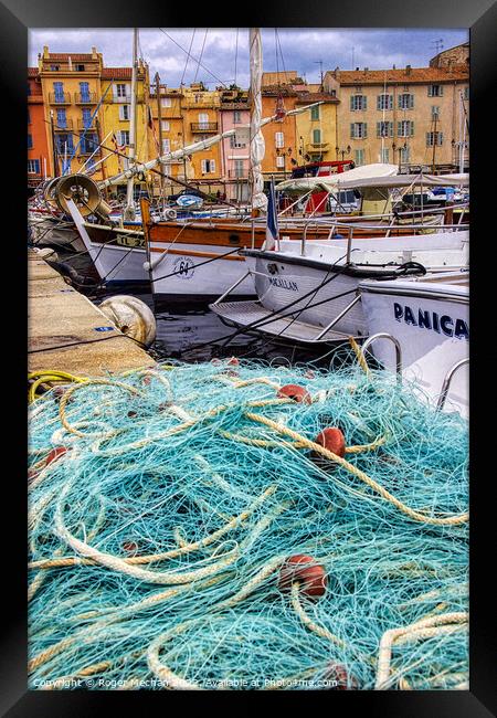Earth-Toned Fishing Scene in St Tropez Framed Print by Roger Mechan