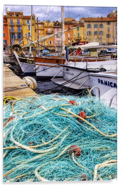 Earth-Toned Fishing Scene in St Tropez Acrylic by Roger Mechan