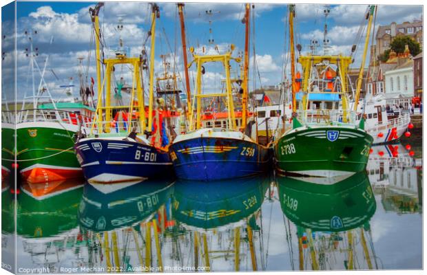 Serenity of Trawler Reflections Canvas Print by Roger Mechan