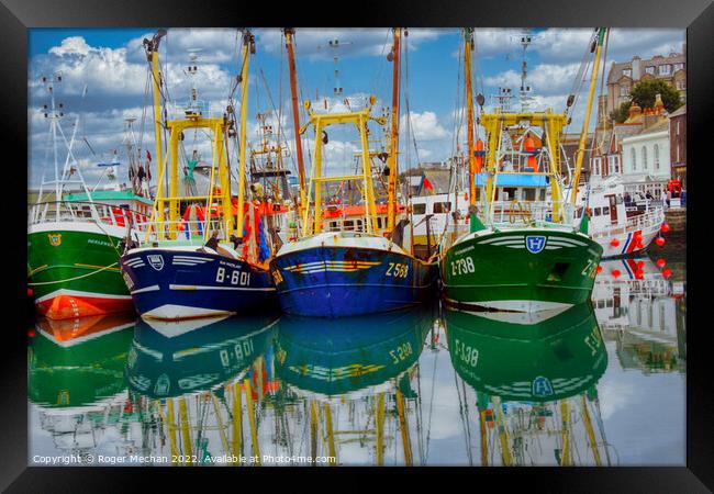 Serenity of Trawler Reflections Framed Print by Roger Mechan