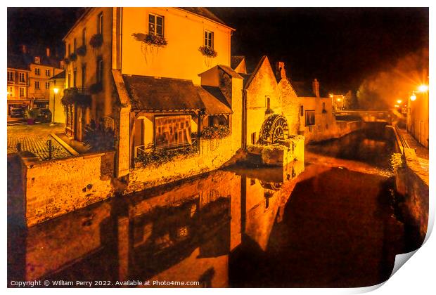 Mill Aure River Night Bayeux Center Normandy France Print by William Perry