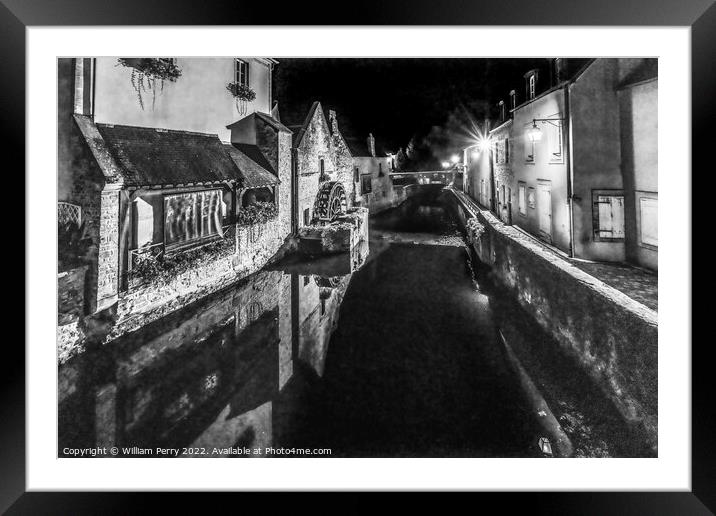 Black White Mill Night Aure River Bayeux Center Normandy France Framed Mounted Print by William Perry