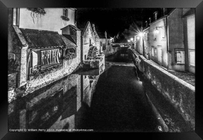 Black White Mill Night Aure River Bayeux Center Normandy France Framed Print by William Perry