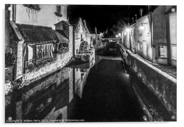 Black White Mill Night Aure River Bayeux Center Normandy France Acrylic by William Perry