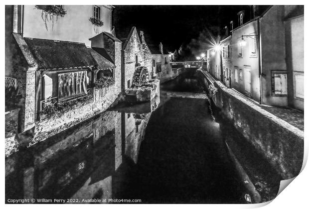 Black White Mill Night Aure River Bayeux Center Normandy France Print by William Perry