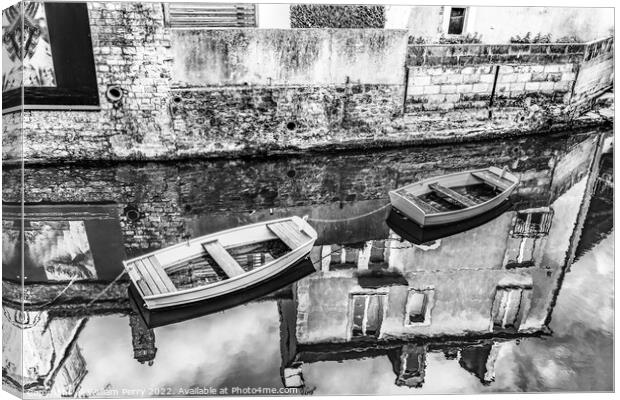 Black White Boats Aure River Reflection Bayeux Center Normandy F Canvas Print by William Perry