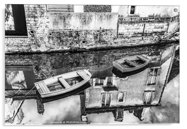 Black White Boats Aure River Reflection Bayeux Center Normandy F Acrylic by William Perry