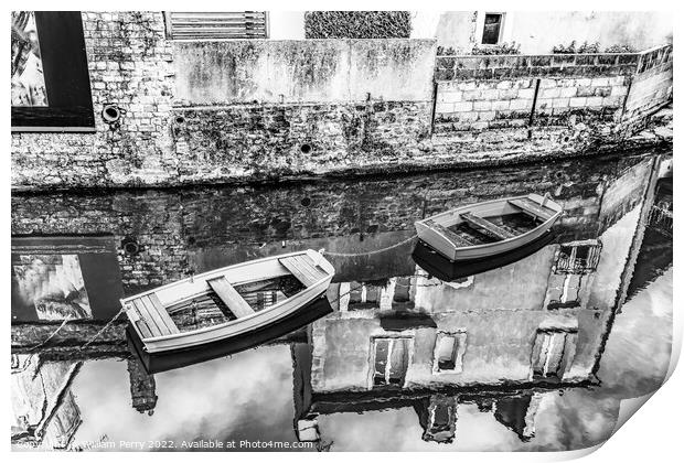 Black White Boats Aure River Reflection Bayeux Center Normandy F Print by William Perry