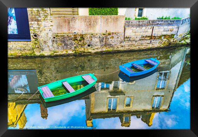 Colorful Boats Aure River Reflection Bayeux Center Normandy Fran Framed Print by William Perry