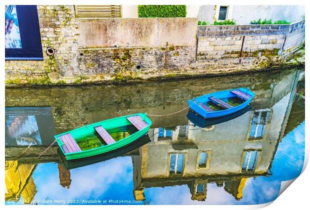 Colorful Boats Aure River Reflection Bayeux Center Normandy Fran Print by William Perry