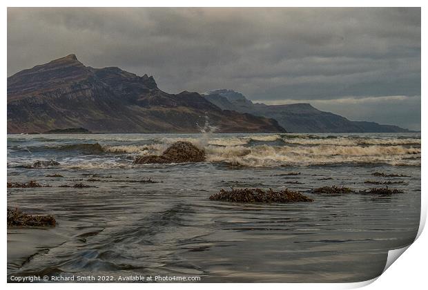 Ben Tianavaig and The Storr from Braes beach Print by Richard Smith