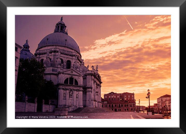 Sunset over Basilica di Santa Maria della Salute in Venice, Ital Framed Mounted Print by Maria Vonotna