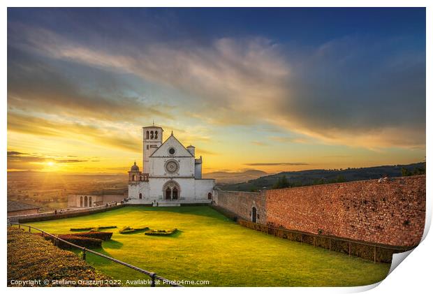 Assisi, San Francesco Basilica church at sunset. Umbria, Italy. Print by Stefano Orazzini