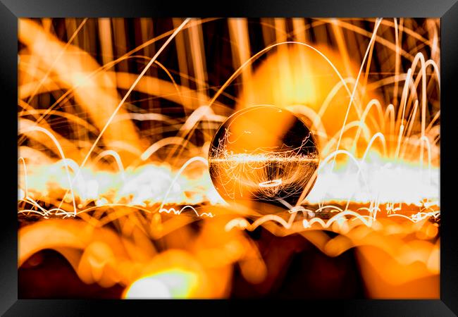Glass Ball showered with sparks (Wire Wool) Framed Print by Shafiq Khan
