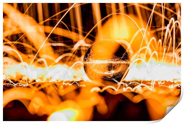 Glass Ball showered with sparks (Wire Wool) Print by Shafiq Khan
