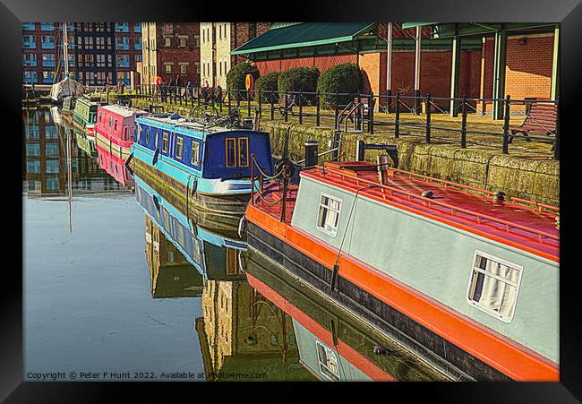 Canal Boat Reflections Gloucester Dock Framed Print by Peter F Hunt