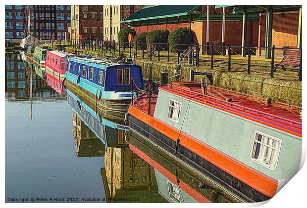Canal Boat Reflections Gloucester Dock Print by Peter F Hunt