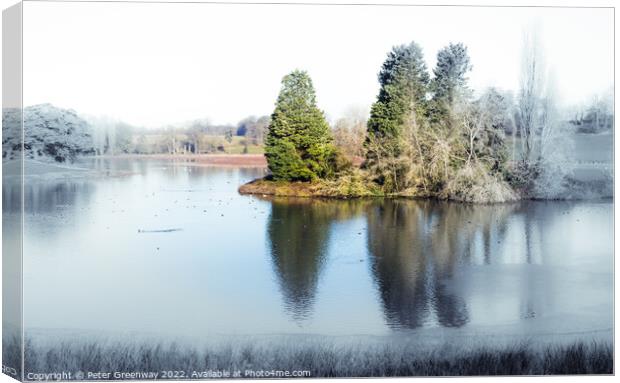 The Island On The Lake On A Frosty Morning On The Blenheim Estat Canvas Print by Peter Greenway