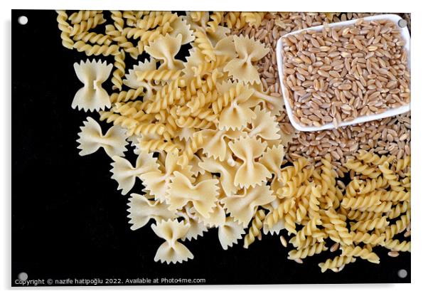 some dry wheat and different shapes of pasta standing on black background,close-up of macaroni and wheat together, Acrylic by nazife hatipoğlu