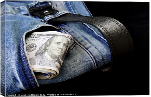 100 usd banknotes visible in the pocket of a jeans lying on the floor, your jeans and 100 usd, Canvas Print by nazife hatipoğlu