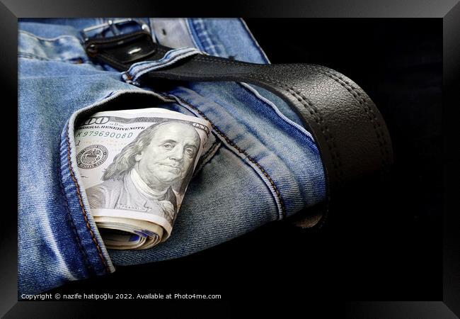 100 usd banknotes visible in the pocket of a jeans lying on the floor, your jeans and 100 usd, Framed Print by nazife hatipoğlu