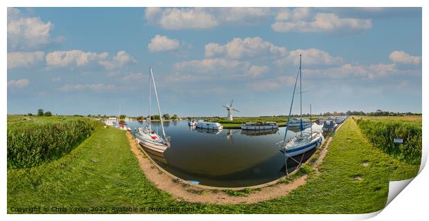 360 panorama captured at the public moorings in Thurne Dyke, Norfolk Broads Print by Chris Yaxley