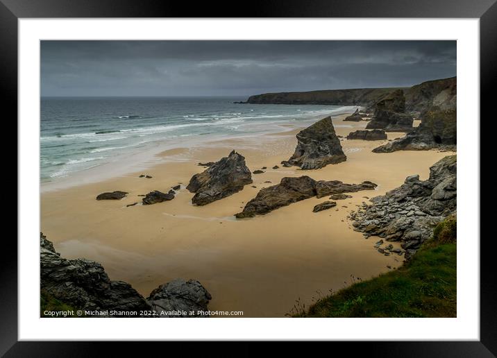 A moody, overcast day at Bedruthan Steps on the Co Framed Mounted Print by Michael Shannon