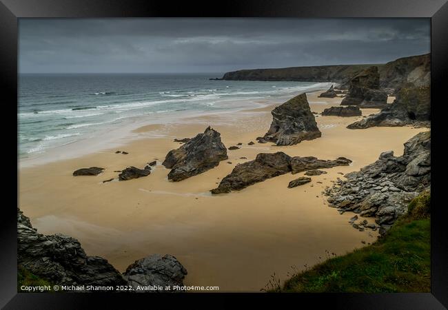 A moody, overcast day at Bedruthan Steps on the Co Framed Print by Michael Shannon