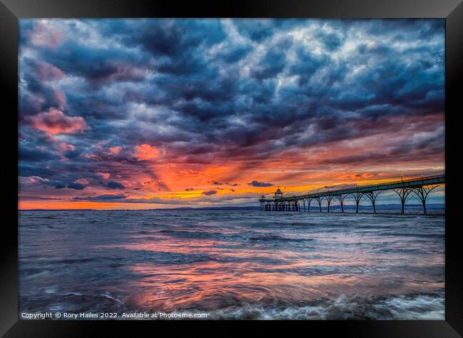 Clevedon Pier at sunset digitally manipulated Framed Print by Rory Hailes