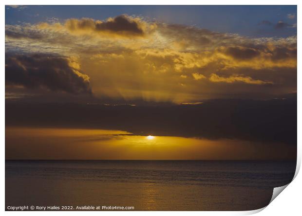 The sun breaking through the cloud cover over the Bristol channel Print by Rory Hailes