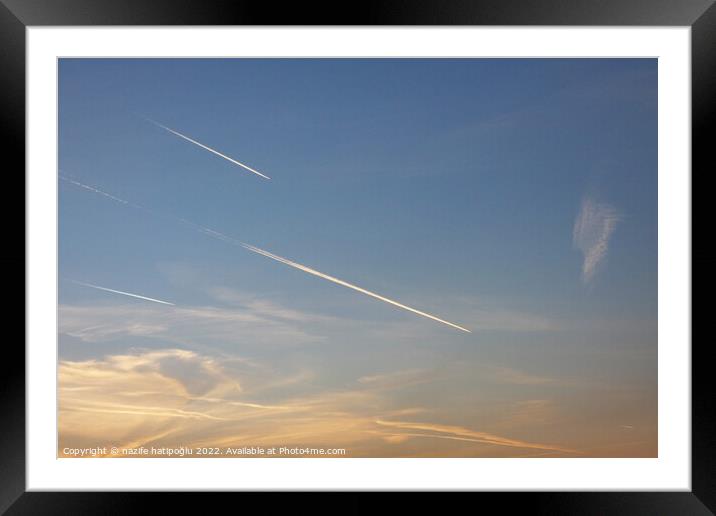 fog or cloud cluster formed by an airplane in the sky, cloud clusters formed by planes flying in the sky, Framed Mounted Print by nazife hatipoğlu