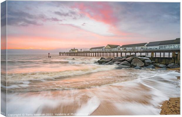 Golden Sunrise at Southwold Pier Canvas Print by Terry Newman