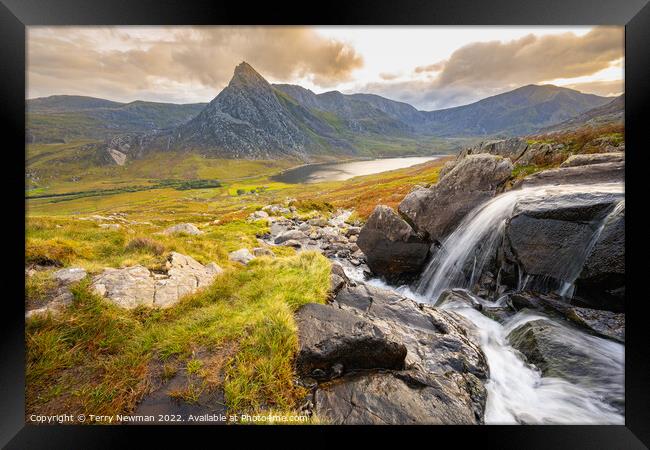 Majestic Autumn Waterfall in Snowdonia Framed Print by Terry Newman