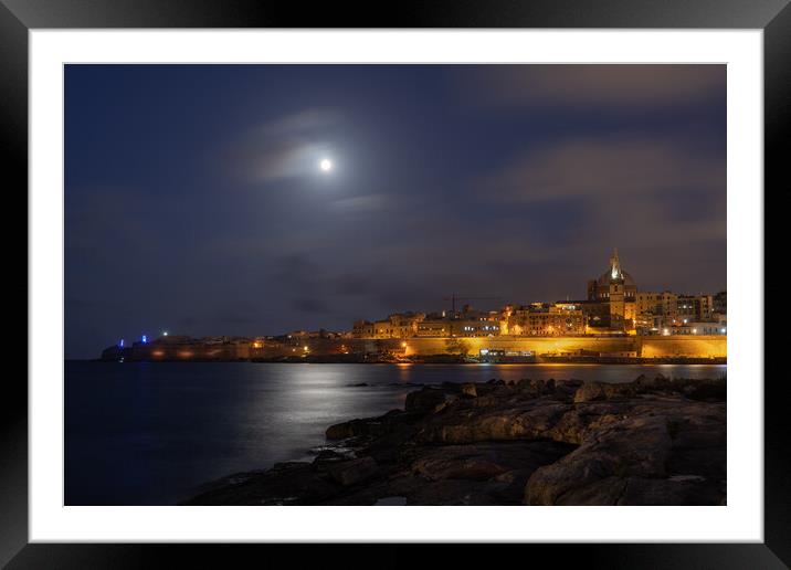 Valletta Skyline From Manoel Island At Night Framed Mounted Print by Artur Bogacki