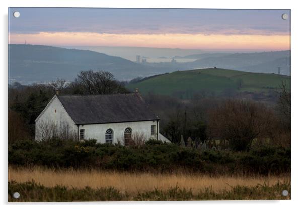 Gellionnen chapel and Swansea Bay Acrylic by Leighton Collins
