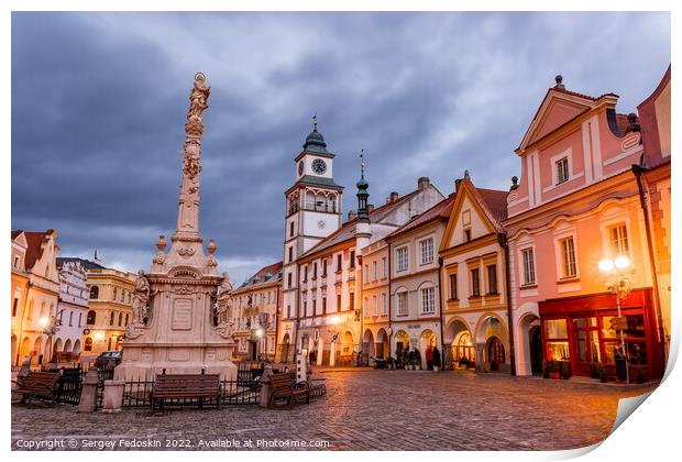 Night view of historical town Trebon in South Bohemian Region. Czechia. Print by Sergey Fedoskin