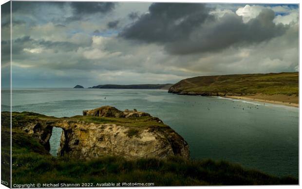 Moody, atmospheric day in Perranporth in Cornwall Canvas Print by Michael Shannon